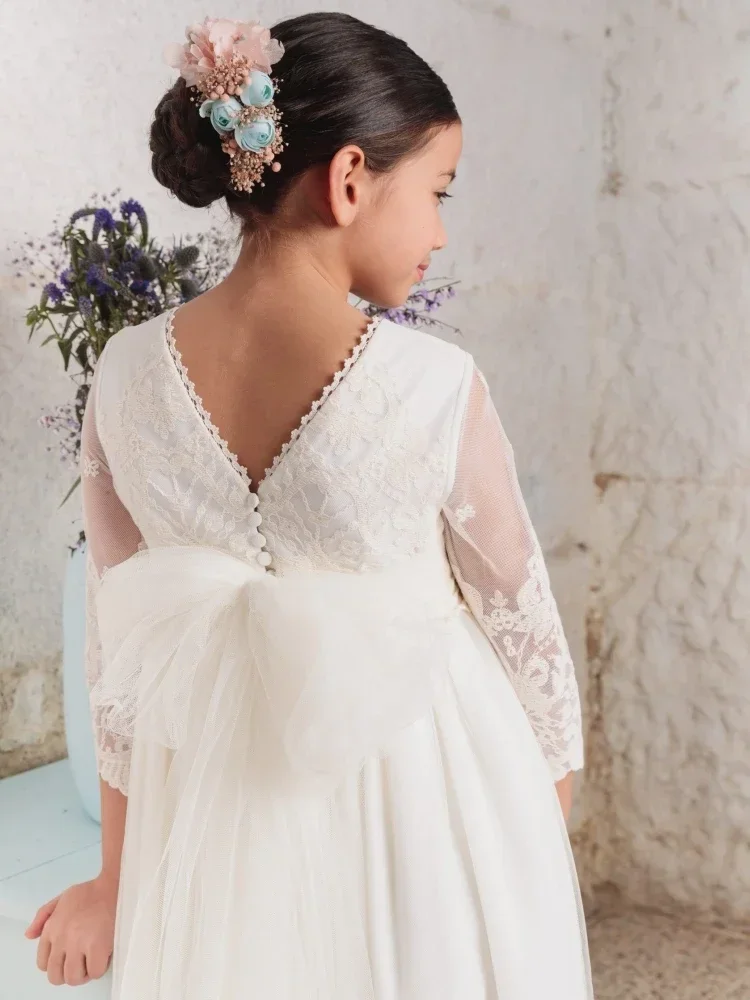 ホワイトサテンレースアップリケ弓付き 3/4 袖結婚式誕生日パーティー宴会プリンセスガウンフラワーガールドレス