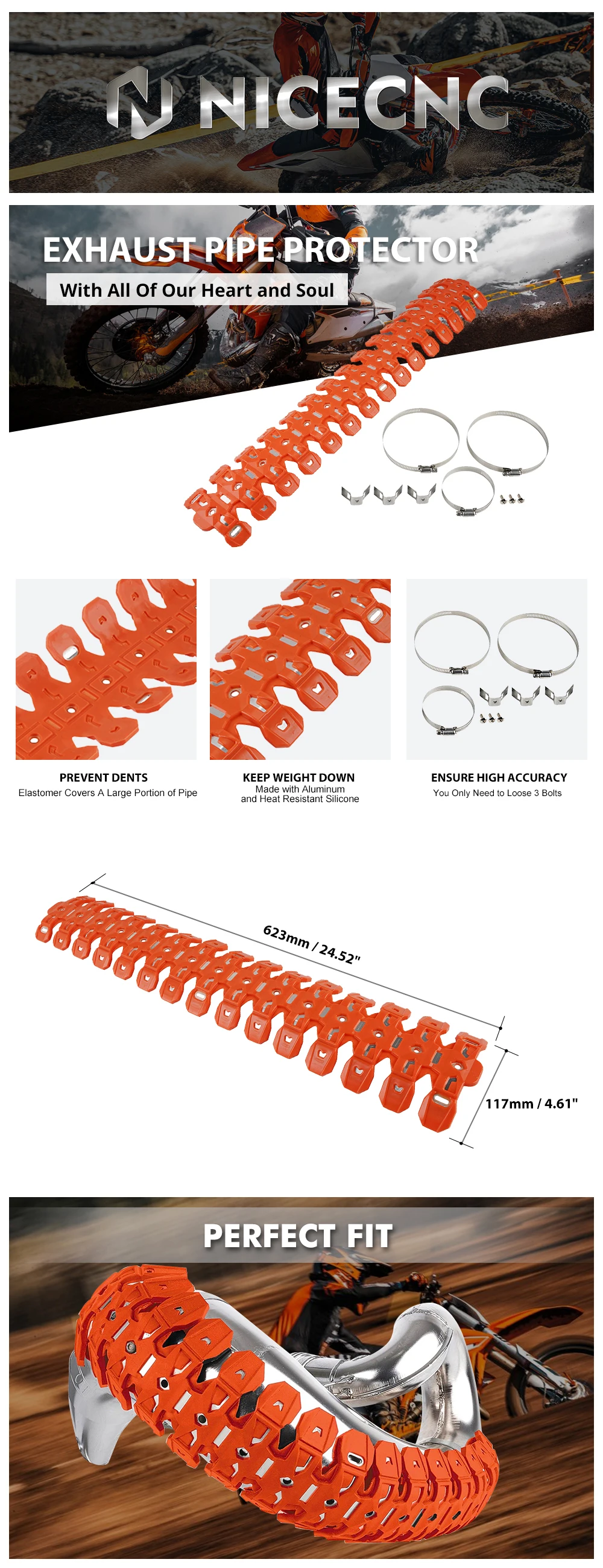 NICECNC Für KTM EXC 300 EXC 250 SX 125 XCW 300 Für Beta RR 300 Für Husqvarna TE 300 60 CM Auspuff Hitzeschild Schalldämpfer Schutz – Detail 1