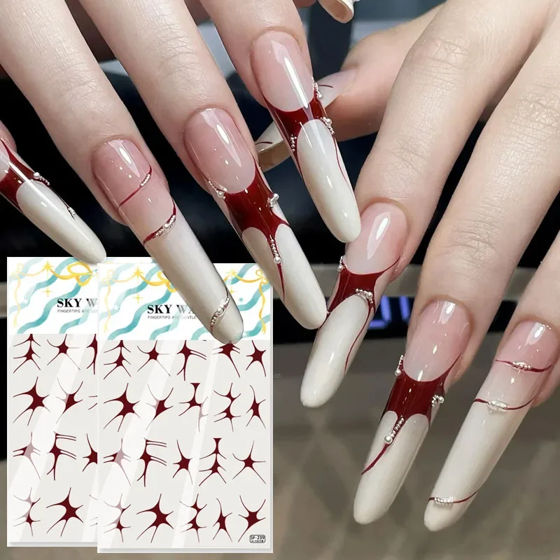 

Red Fire Liner Nail Art Sticker Adhesive Elegant Abstract French Curve Asymmetric Line Fragments Modern Artistic Manicure Decal