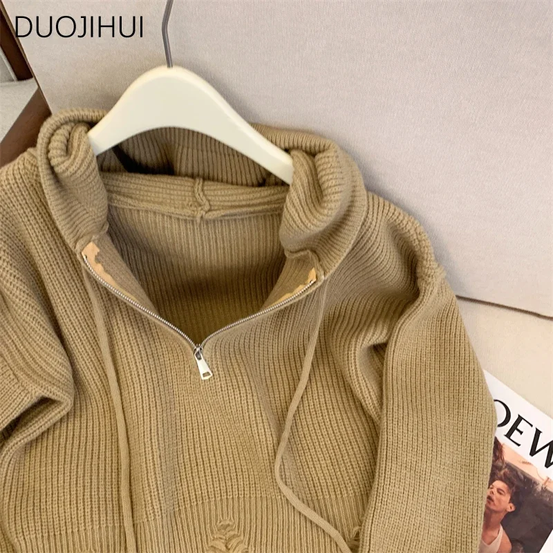 DUOJIHUI Korean Basic Hooded Chic Drawstring Women Pullovers Winter New Loose Knitted Simple Pure Color Fashion Female Pullovers