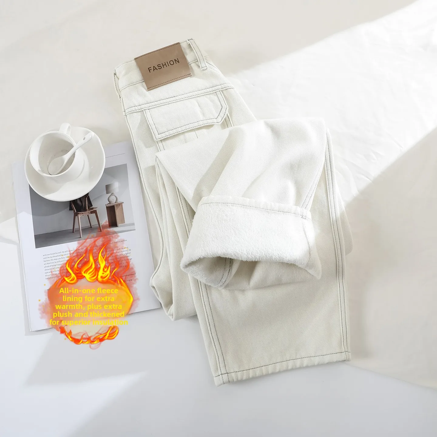 Y2K جينز نسائي أساسي عالي الخصر مع صوف واسع الساق سميك ودافئ سروال دينم نسائي غير رسمي أوف وايت منحني سكين