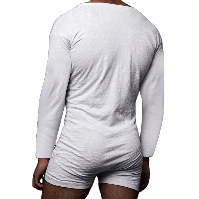 2024 Men's Sexy Pajamas Sets Casual One Piece Male Onesie Long Sleeve Solid Romper Single-breasted Jumpsuit Sleepwear Nightwear