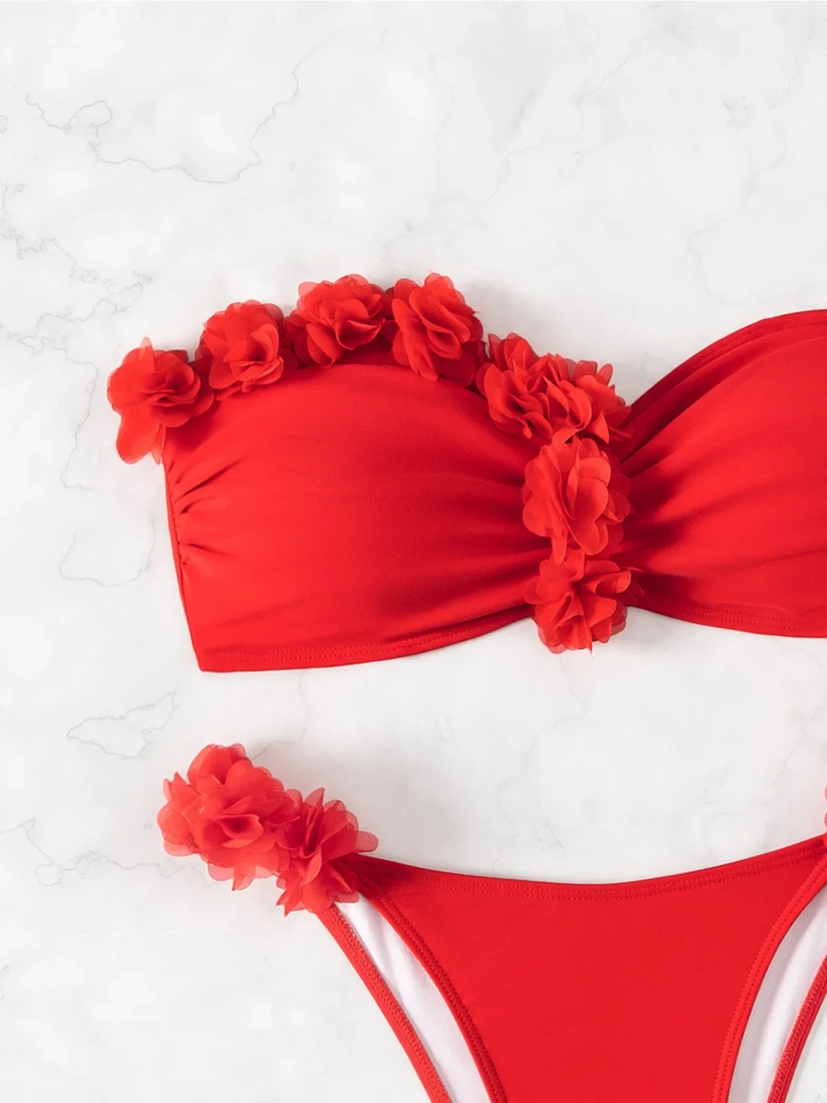 Cor sólida vermelho 3d flor maiô de duas peças sexy sem alças bandeau bikini conjunto sem costas tanga praia férias banho 2024 novo