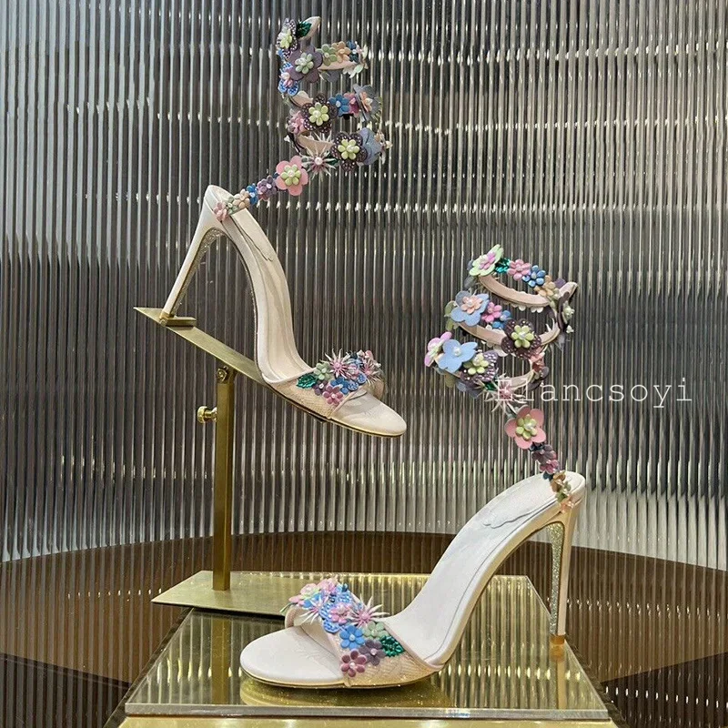 Thin High Heels Lace Flower Decor Fairy Sandals Women'Snake Shaped Winding Rhinestone Sandalias Summer Sexy Party Banquet Shoes