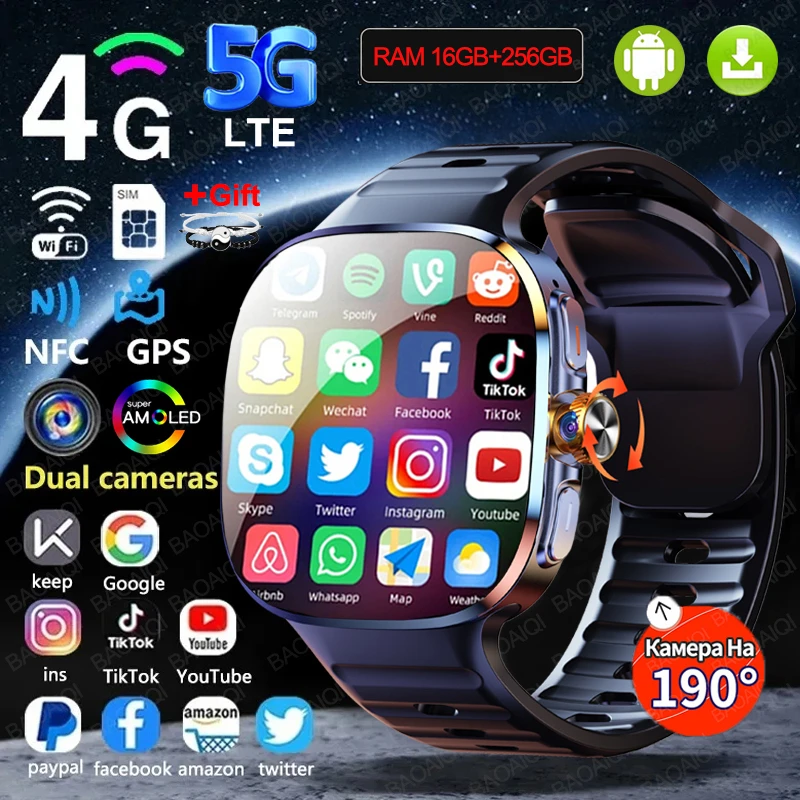 4G شبكة كاملة ساعة ذكية رجالي 2.40 بوصة شاشة كبيرة مكالمة فيديو 16 جيجابايت + 256 جيجابايت رام 2100 مللي أمبير جوجل بلاي واي فاي نظام تحديد المواقع بطاقة Sim Smartwatch