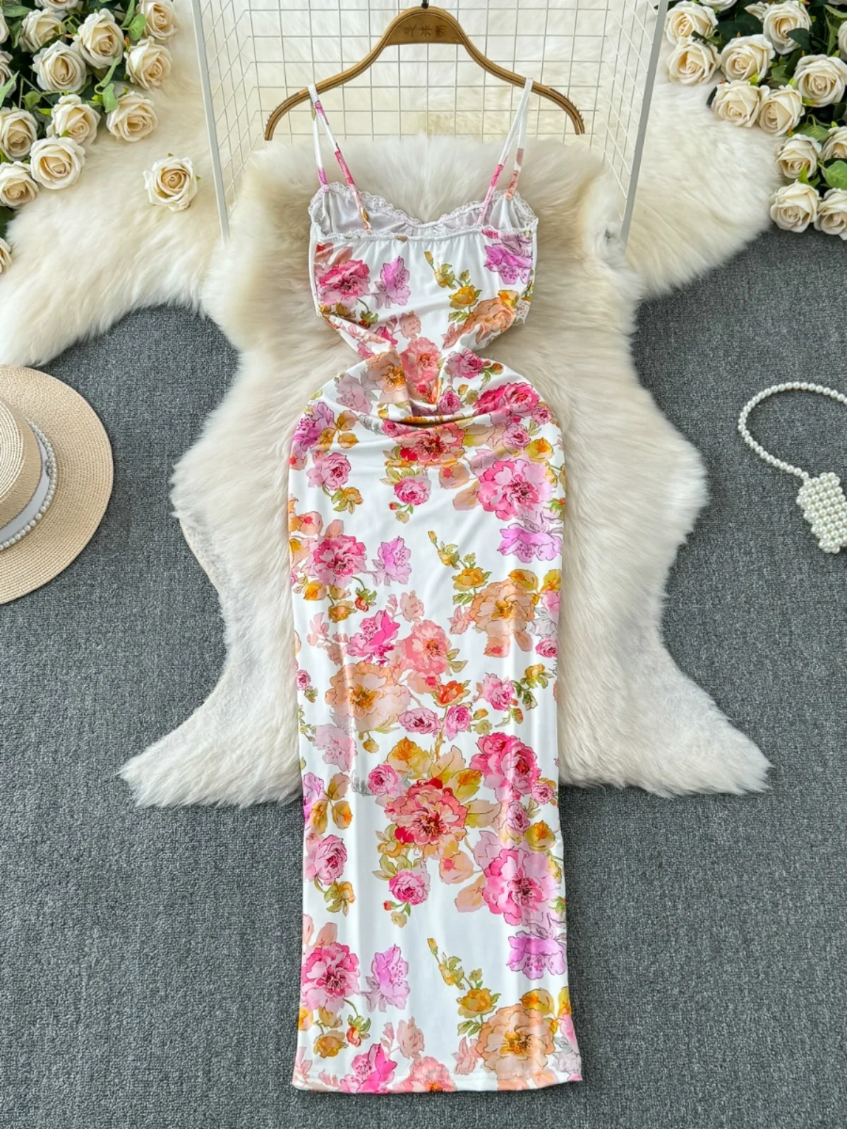 Foamlina Summer Fashion Floral Print Slip Dress for Women Elegant Lace Spliced Sleeveless Backless Sexy Bodycon Holiday Dresses