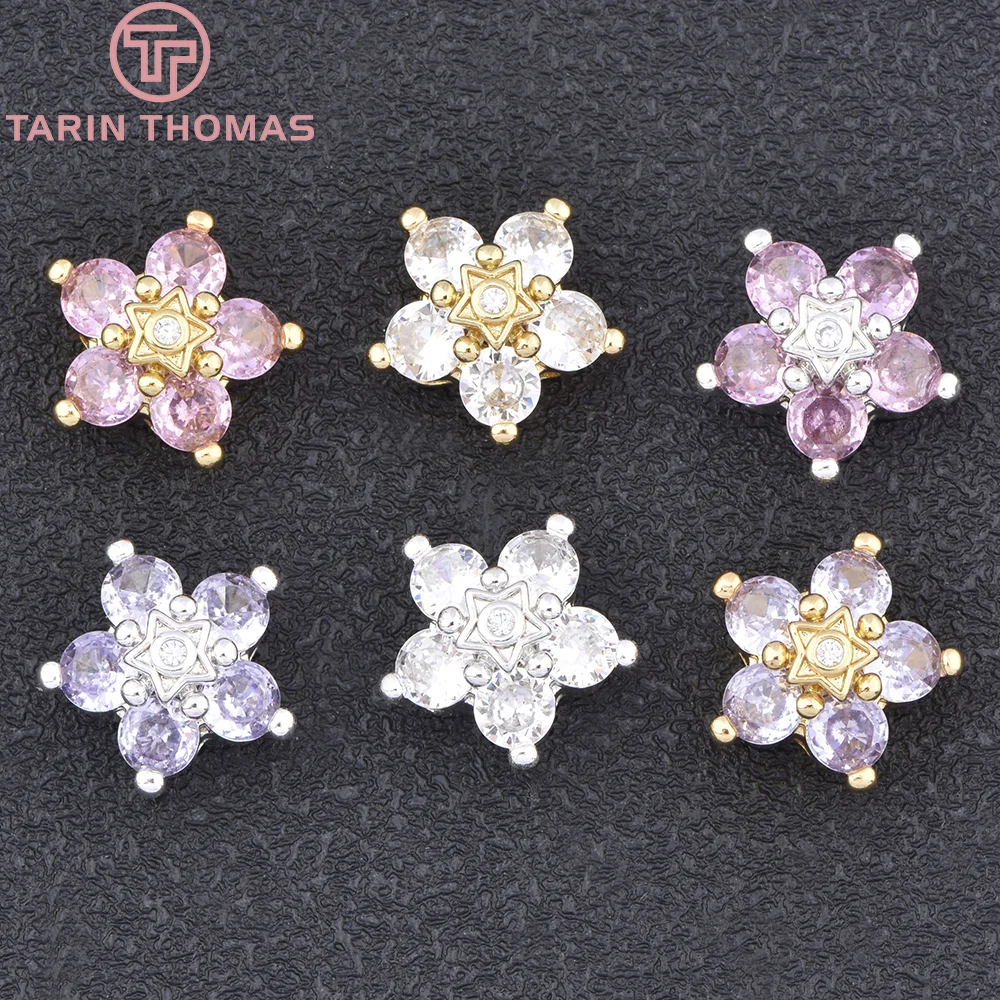 (10196)6PCS 13MM 18K Gold Farbe Messing mit Zirkon Blume Geformte Perlen Armband Perlen Hohe Qualität Diy schmuck Machen Zubehör