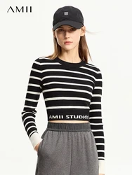 AMII Minimalist Striped Sweater for Women 2023 Autumn New Short Slim Fit Top Letter Office Lady Long-sleeve Pullovers 12353061