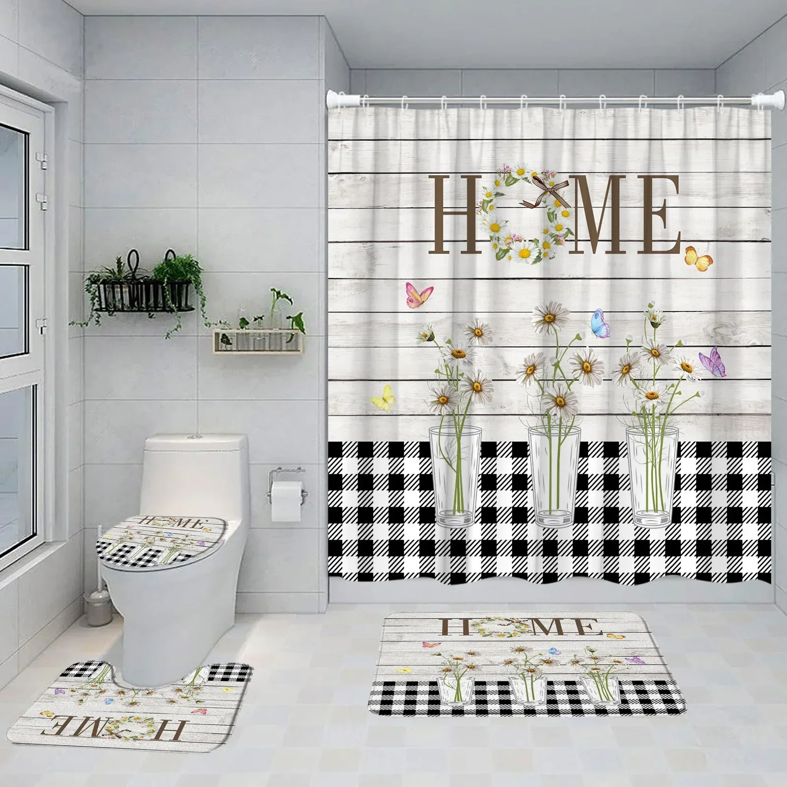 Home Farmhouse Shower Curtain Set Black White Grid Pattern Flower Lavender Daisy Sunflower Home Bathtub Rug Toilet Lid Cover