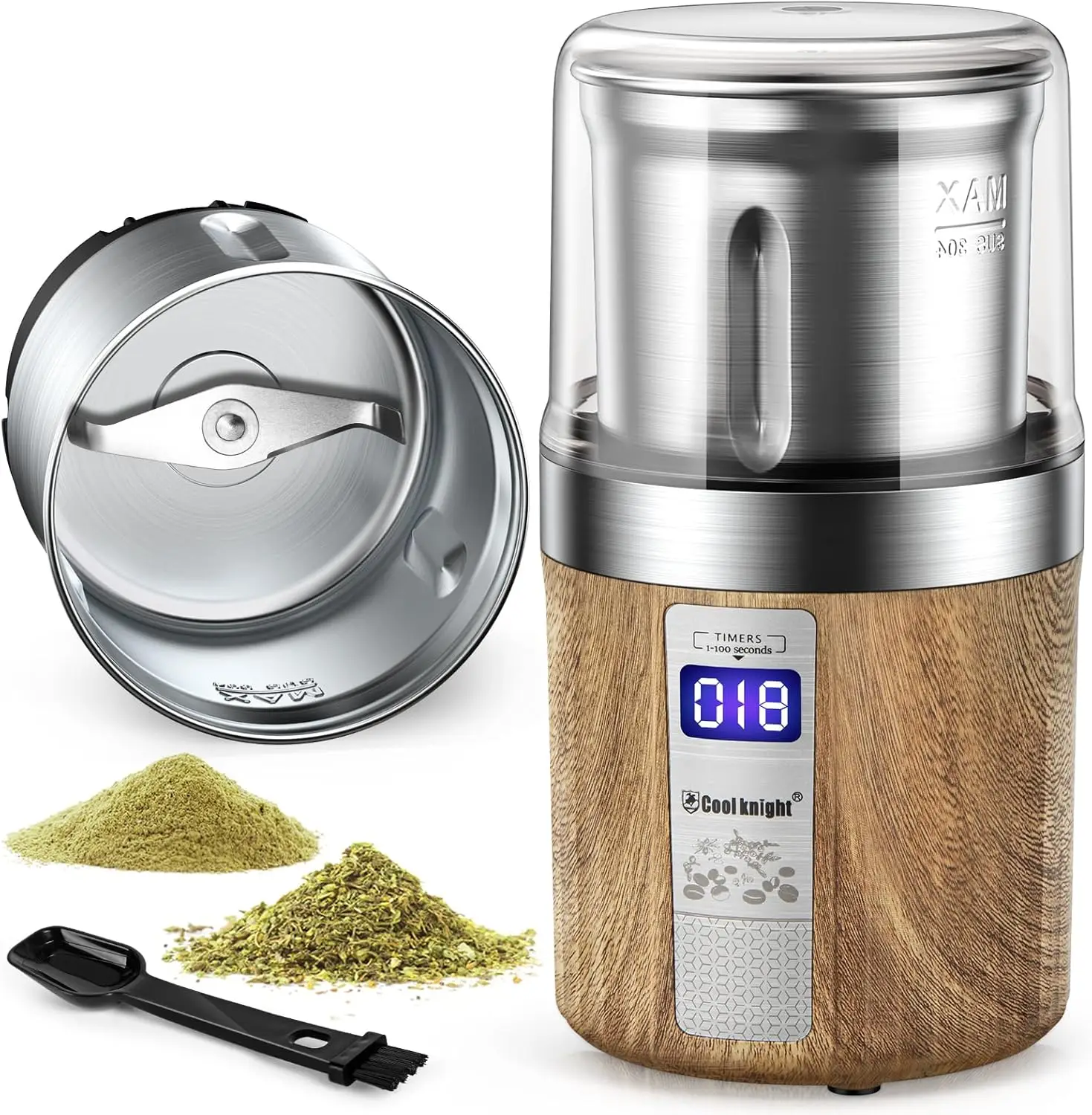 

Electric Herb & Spice Grinder with Timer, 304 Stainless Steel Blades, Large Capacity for Quick Grinding