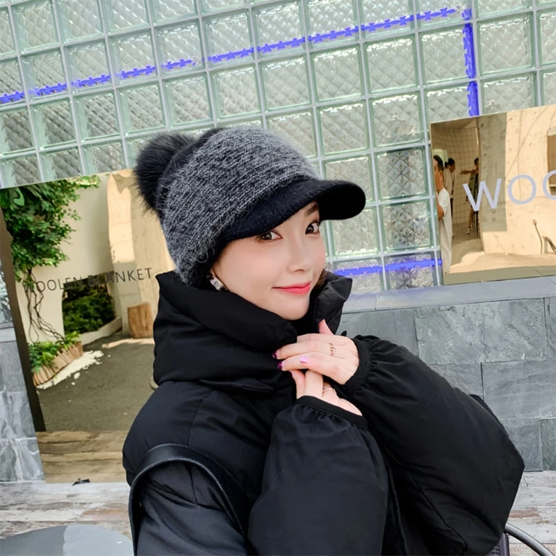 Women Winter Thick Warm Fuzzy Knit Beanie Cap with Visor Bill Cute Pompom Cold Weather Windproof Skullies Baseball Cap