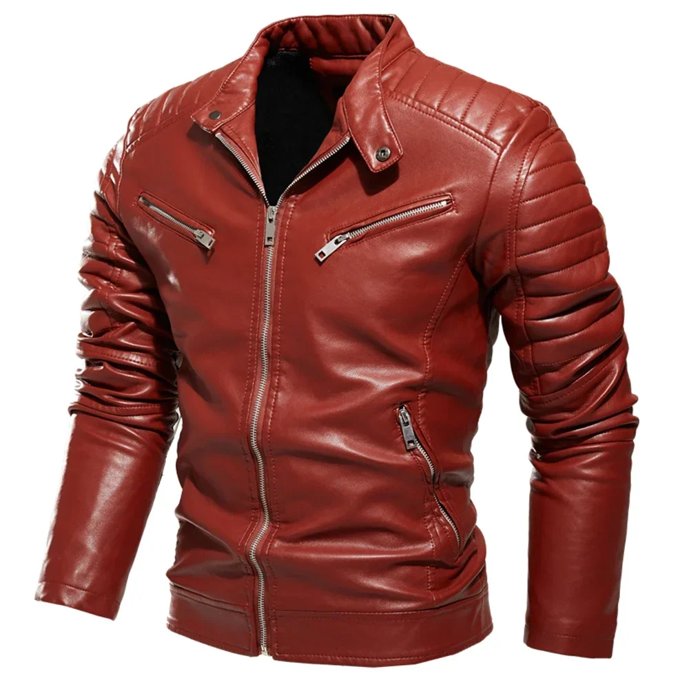 Men  Warm Motorcycle Jacket Slim Street Fashion BLack Biker Coat Pleated Design Zipper Winter Black Leather Jacket