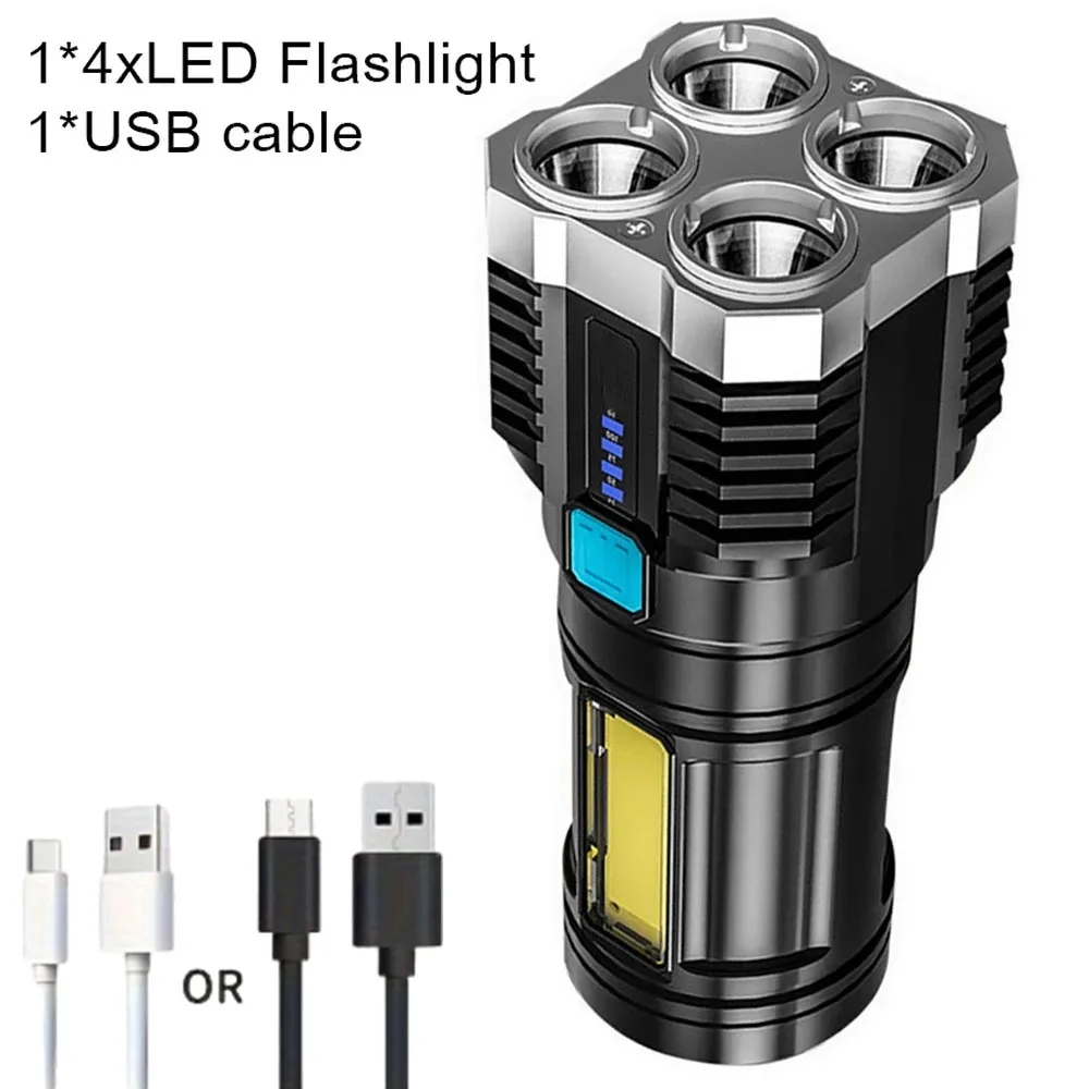 LED Flashlight High Power Camping Torch with 4 Lamp Beads COB Side Light Rechargeable USB Hand Lantern For Outdoor Lighting