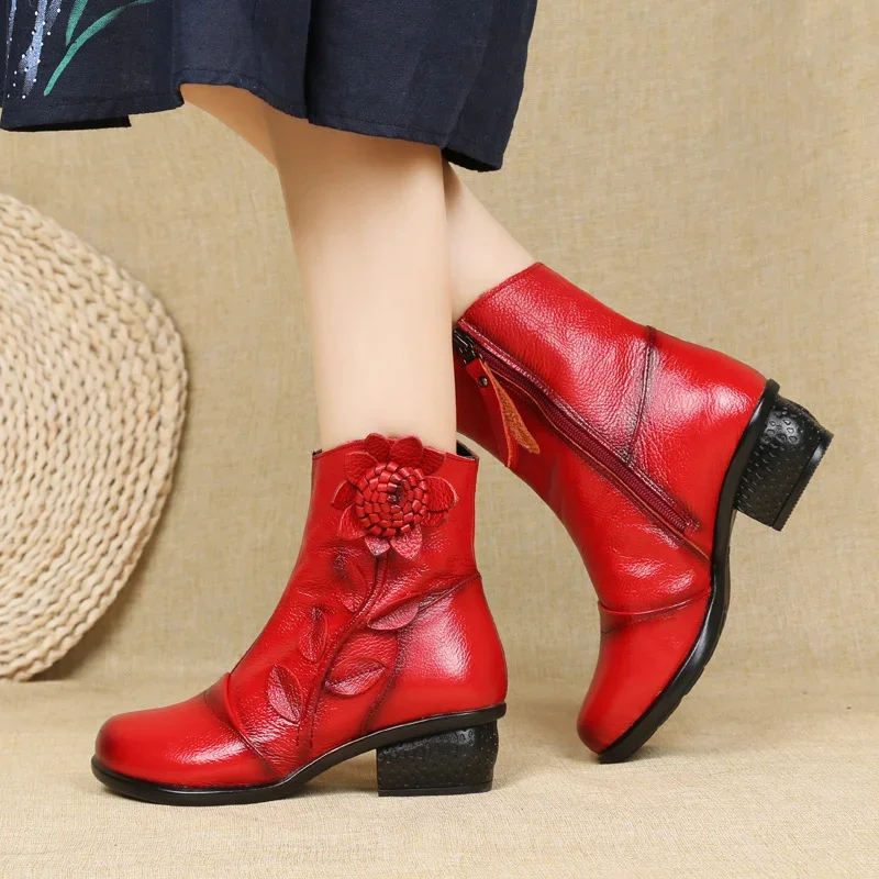 Women Boots Shoes Woman Handmade Vintage Genuine Leather Low-Heeled Shoe Round Toe High Quqlity Shoes Winter Fashion Shoes Women