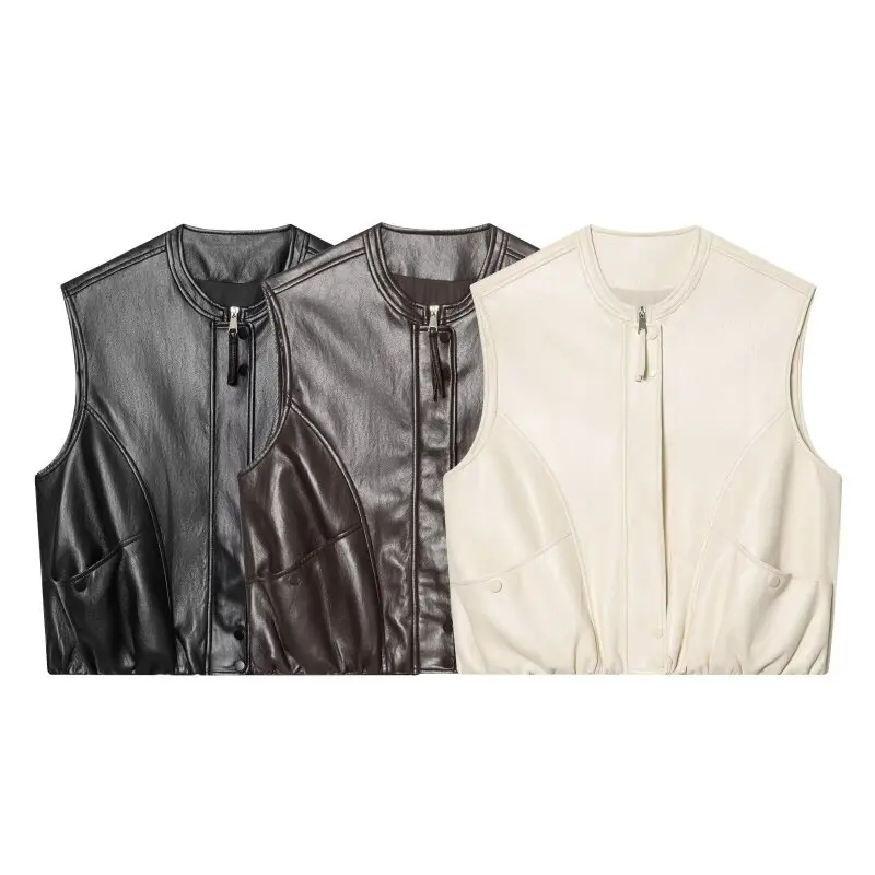 

Женская осенняя куртка-жилет из искусственной кожи, винтажная, без рукавов, на молнии, в стиле байкерской, для мотоциклистов