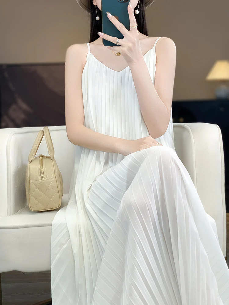 Verano acetato satén suelto n V-Ne plisado largo Dr Sexy Hada T cintura alta A-Line vestido para vacaciones Vaions