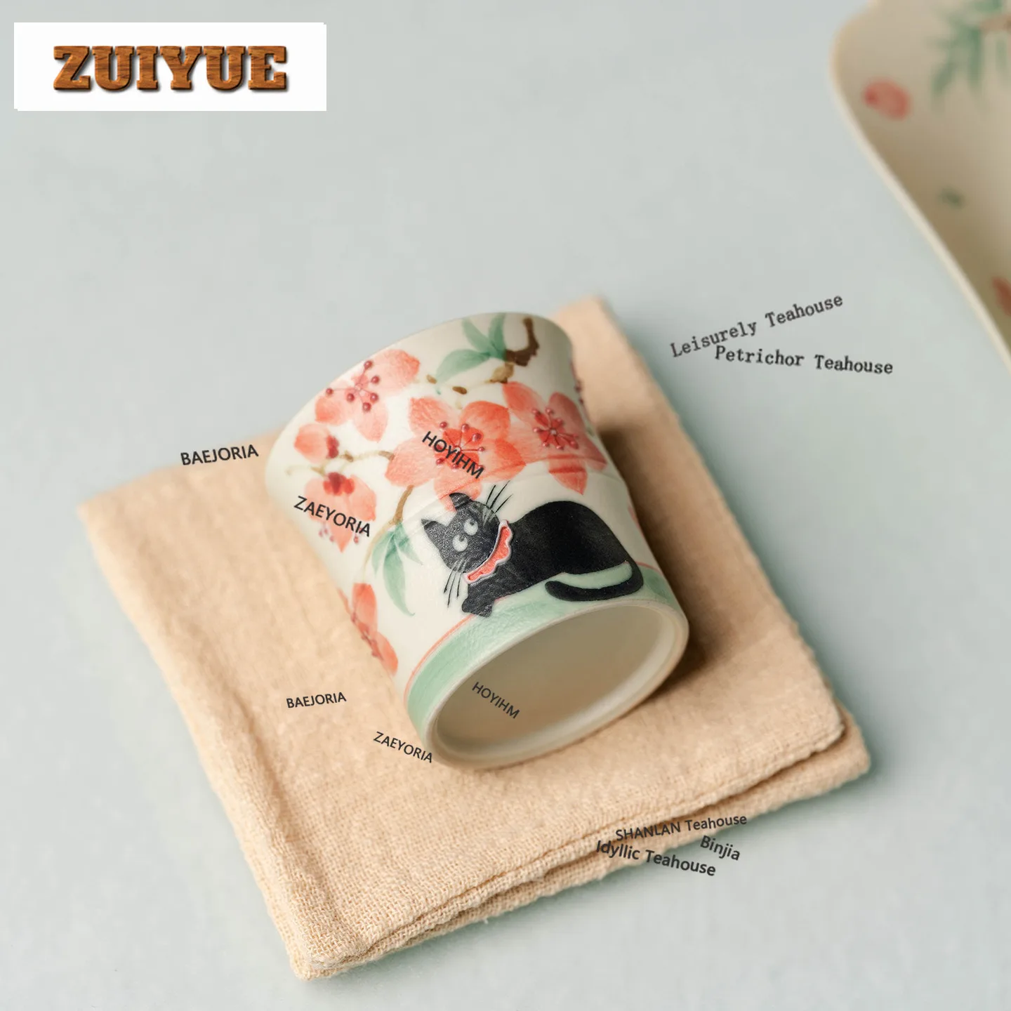 BAEJORIA 50ml Hand-painted Cherry Blossom Cat Teacup Ancient Tea Bowl Set Of Cups Tea-tasting Fragrance Cup Chazhan Master Cups