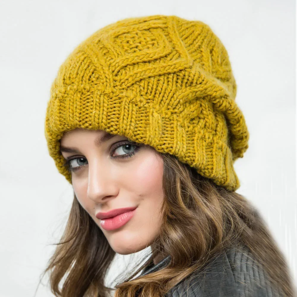 Casual Yellow Black Girl\'s Hats Knitted Bonnets Keep Warm Lovely Bonnets for Women Thick Winter Caps Solid Female Handmade Soft