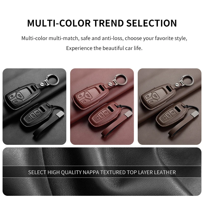 Auto Key Shell Fob For Audi A4 A4L A5 Q5 Q7 TT TTS 8S B9 2016 2017 2018 Leather Car Remote Key Case Cover Keychain Accessories