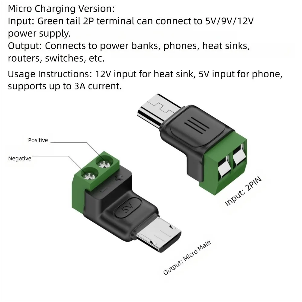 Lötfreier Stecker, USB C auf 2-polige Klemmenadapterschraube, 5 V Crimp-Klemmenblock, grün, Typ C auf 2-poliger Ladeanschluss