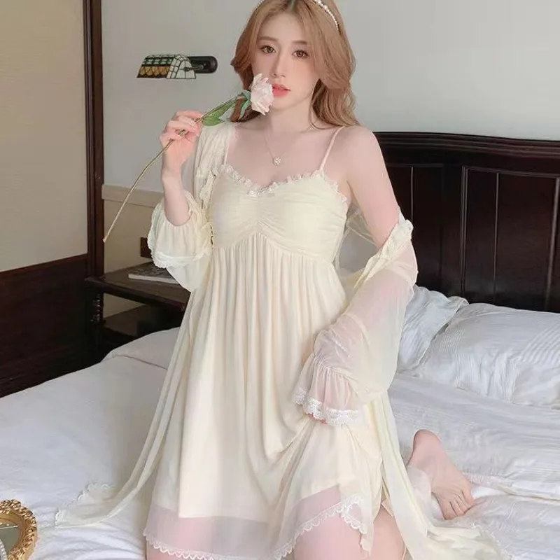 Women\'s Summer Long Sleeved Sexy Camisole Pajamas Dress Chest Pads Thin Internet Celebrity Home Clothing Two-piece Set Nightgown