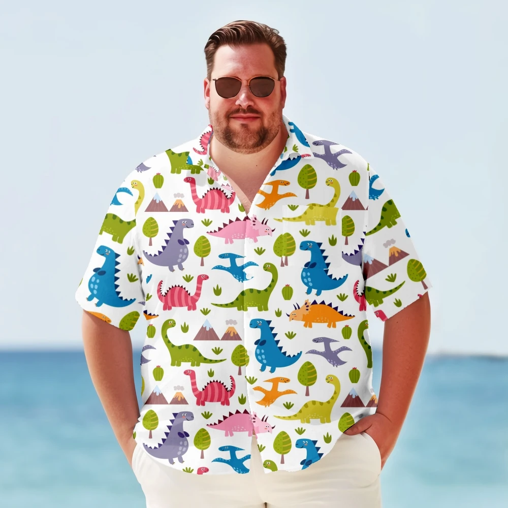 Big & Tall Hawaiian Shirt For Men Vintage Cartoon Dinosaur Print Summer Plus Size Short Sleeve Oversized Clothes Y2kStreetwear