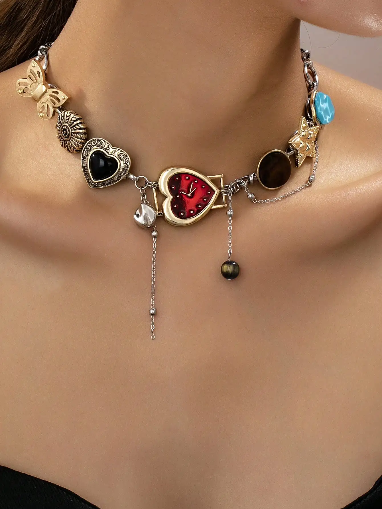 

1Pc Y2K Multi Charm Necklace Watch Heart Star Butterfly Pendant Women Valentine's Day Jewelry Gift