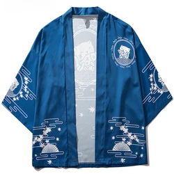 Kimono with Japanese Cat Print, Thin Kimono for Men, Japanese Streetwear, Blue, Casual, Outerwear