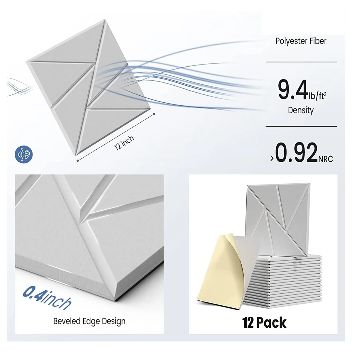 

High-Grade 12Pack Acoustic Panels with Self-Adhesive, 12X 12X 0.4Inch Sound Proof Foam Panels,Sound Panels High Density, White