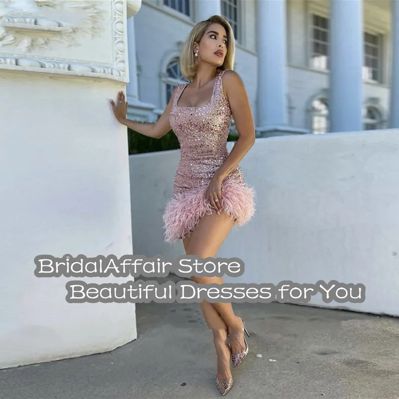 BridalAffair Vestidos De ค็อกเทล2022 Sparkling Sequined Mini Prom Gown กับขนซิปด้านหลัง Club Party สวมใส่