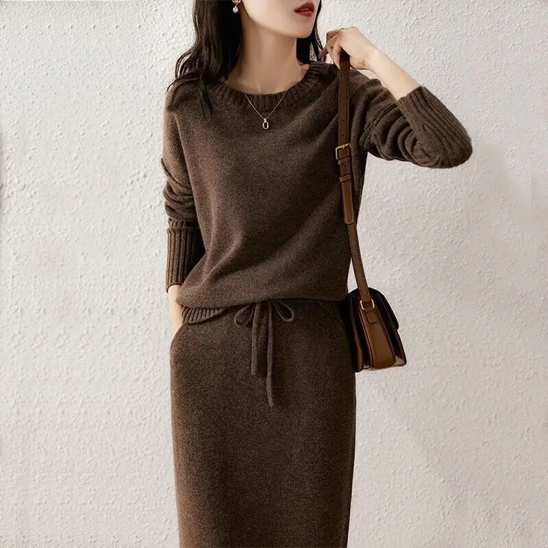 Autumn New Skirt Suit Women Korean Simple Female Knitted Sweater High Waist Skirt 2 Piece Set Winter Office Lady Elegant Outfit