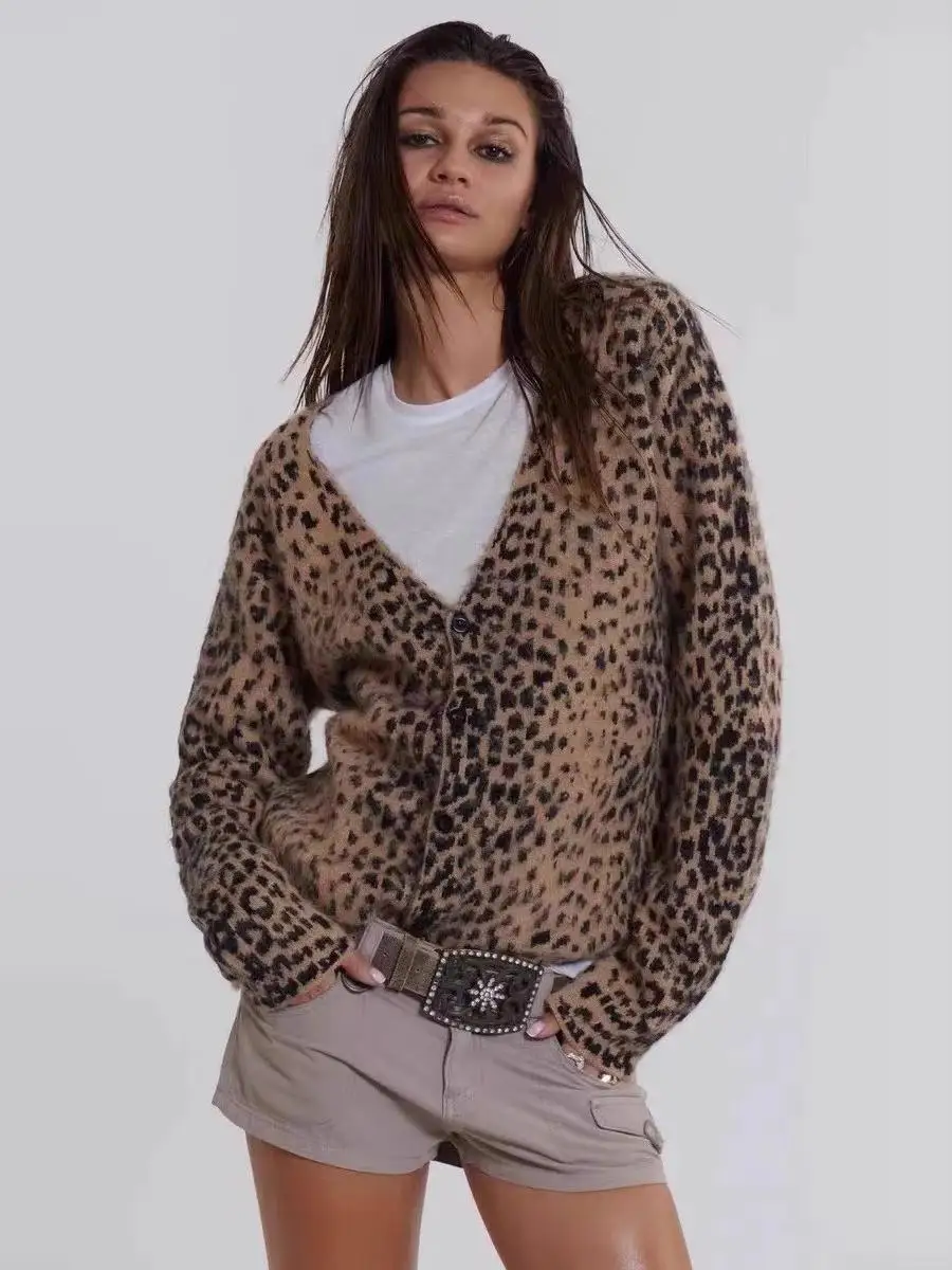 

Ретро-кардиган в американском стиле Y2K с леопардовым принтом, вязаный, с V-образным вырезом, для женщин, уличный стиль, полиэстер