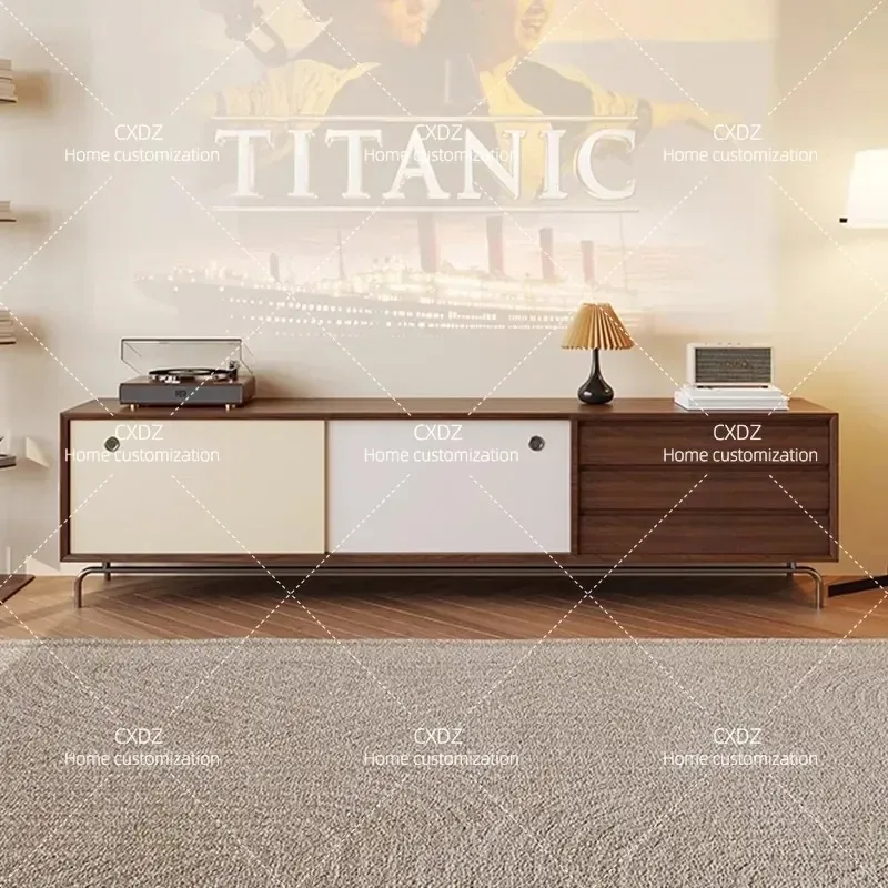 Retro Walnut TV Cabinet and Coffee Table Set Mid Century Modern Style Compact Living Room Furniture with Integrated Storage