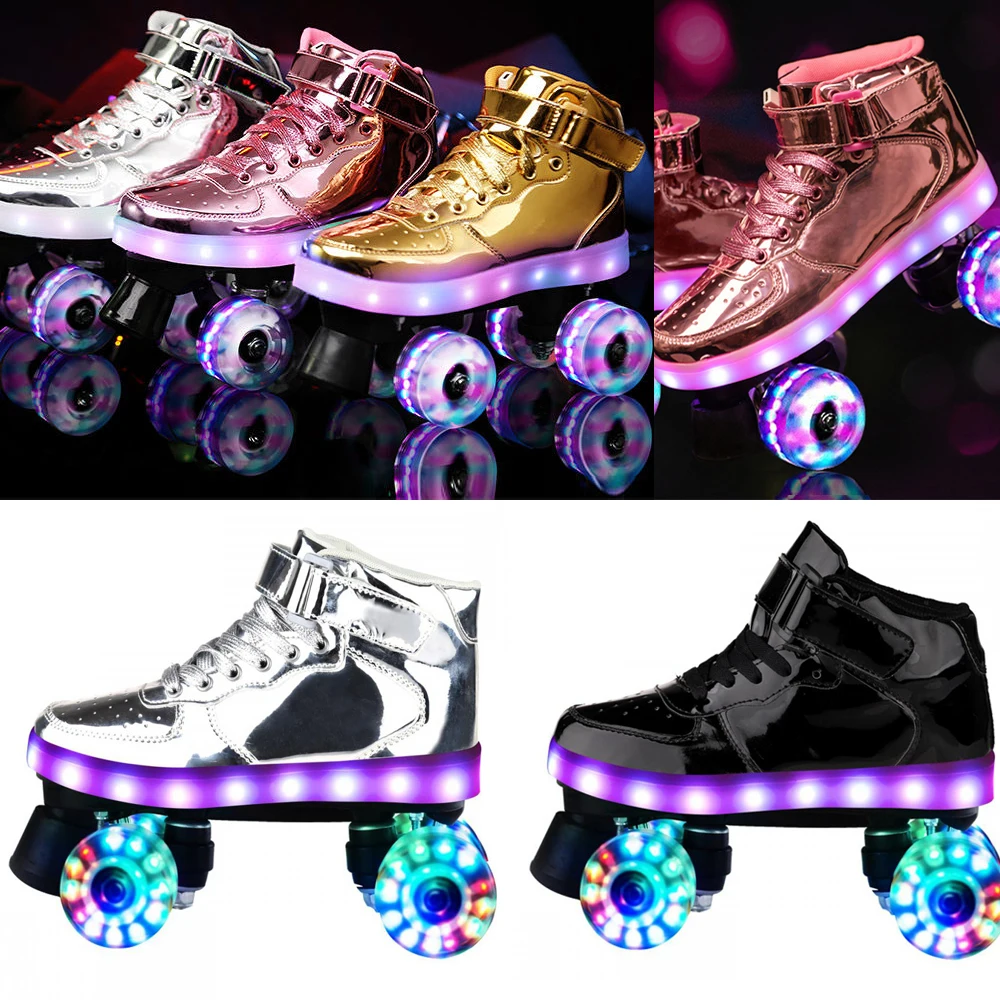 

Led Rechargeable Flash 7 Color Roller Skates Adult Double Row Shoes Men Women Patines 4-Wheel PU Children Luminous Skating Shoes