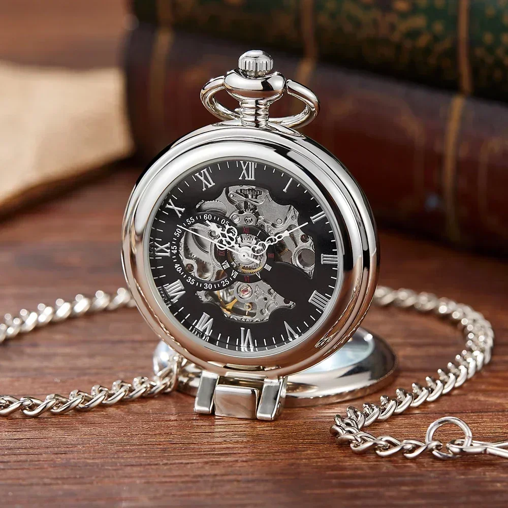 

New Personalized Fashion Mechanical Pocket Watch Silver Case Hollow Vintage Hand Wind Casual Chain Watches For Men Women