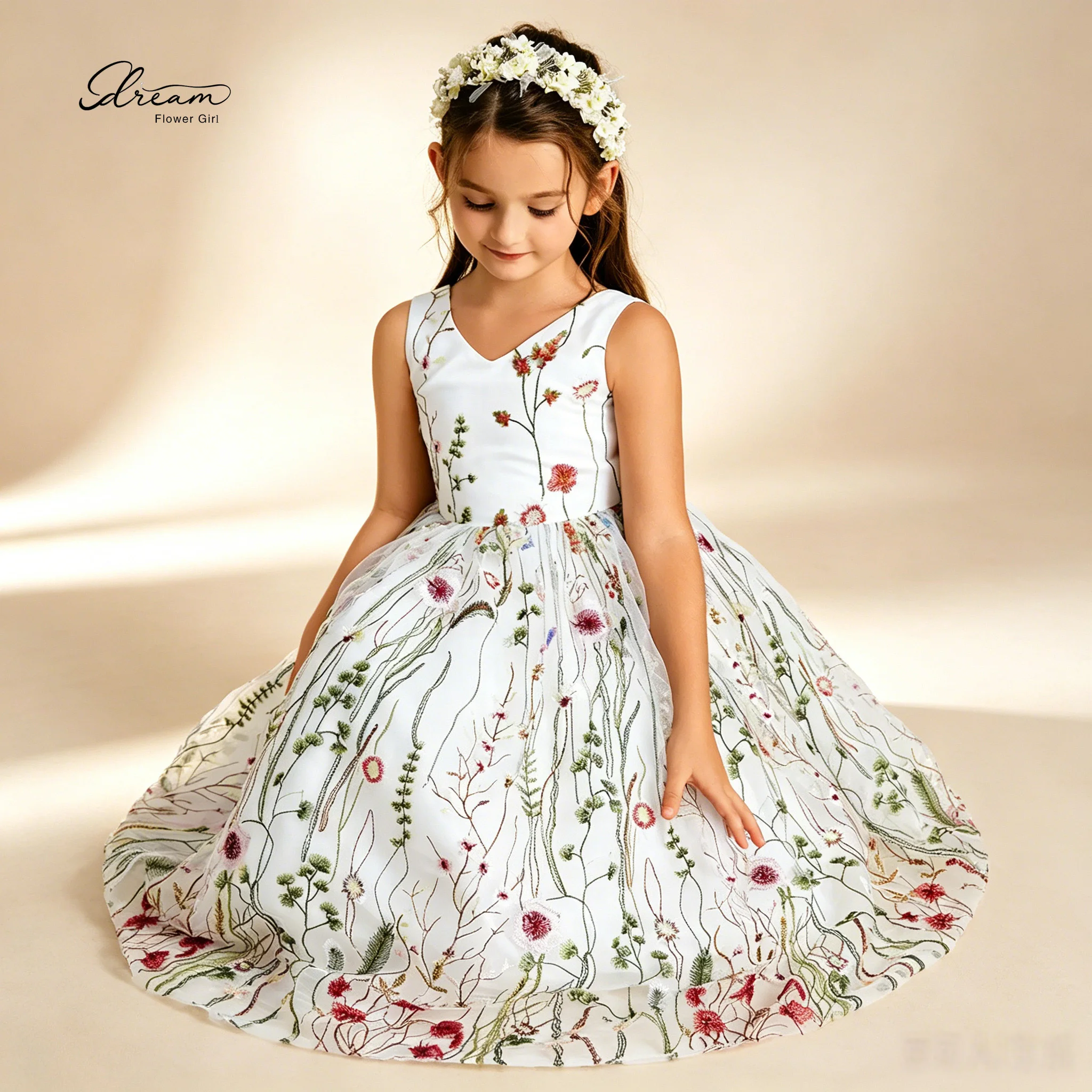 Elegant White Chiffon Children's Party Dress Sleeveless, Ankle-Length Featuring Floral Embroidery and a Cinched Waist Design