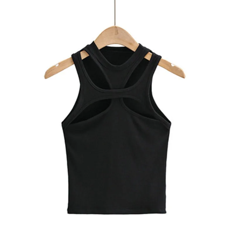 Girls New Asymmetrical Hollow Solid Color Knitted Round Neck Short-sleeved Summer Sexy Vest on The Chest