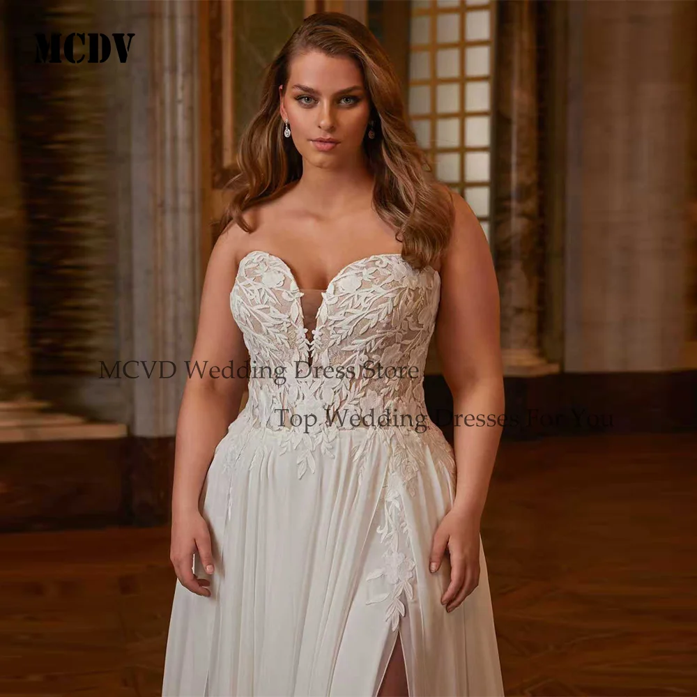 

MCDV Oversize Civil Wedding Dresses Applique Lace Backless Split Chiffon vestidos de novia Customized Sweep Train Bride Gown