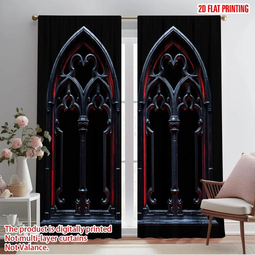 

2pcs 2D flat printing Window Curtains Gothic15 Fabric Without Electricity Festive Wall Decor for Holiday Celebrations