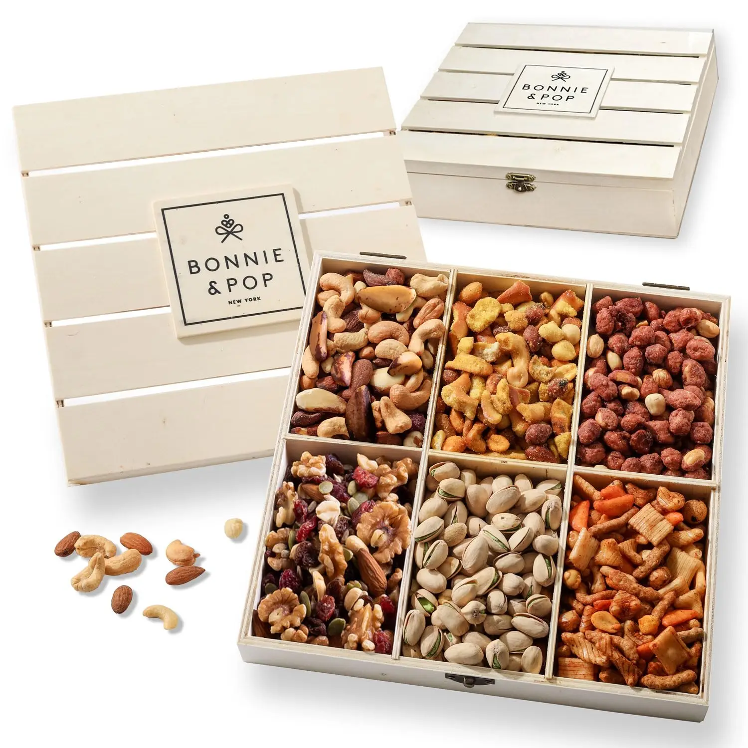 

Nut Gift Basket in Reusable Wooden Crate, Gourmet Snack Box with Almonds, Cashews, Pistachios, Unique Flavors for Birthday