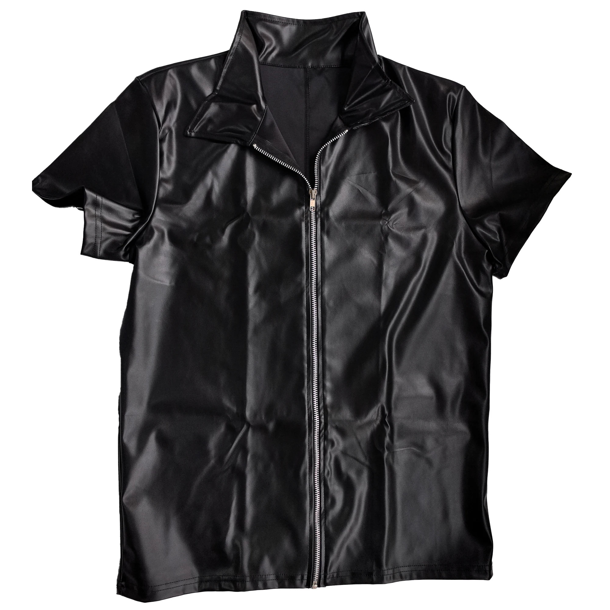 

Men's Shirts Turn Down Collar Zipper PU Leather Short Sleeve Casual T Shirts Faux Leather Nightclub Stage Dance Shirts for Men
