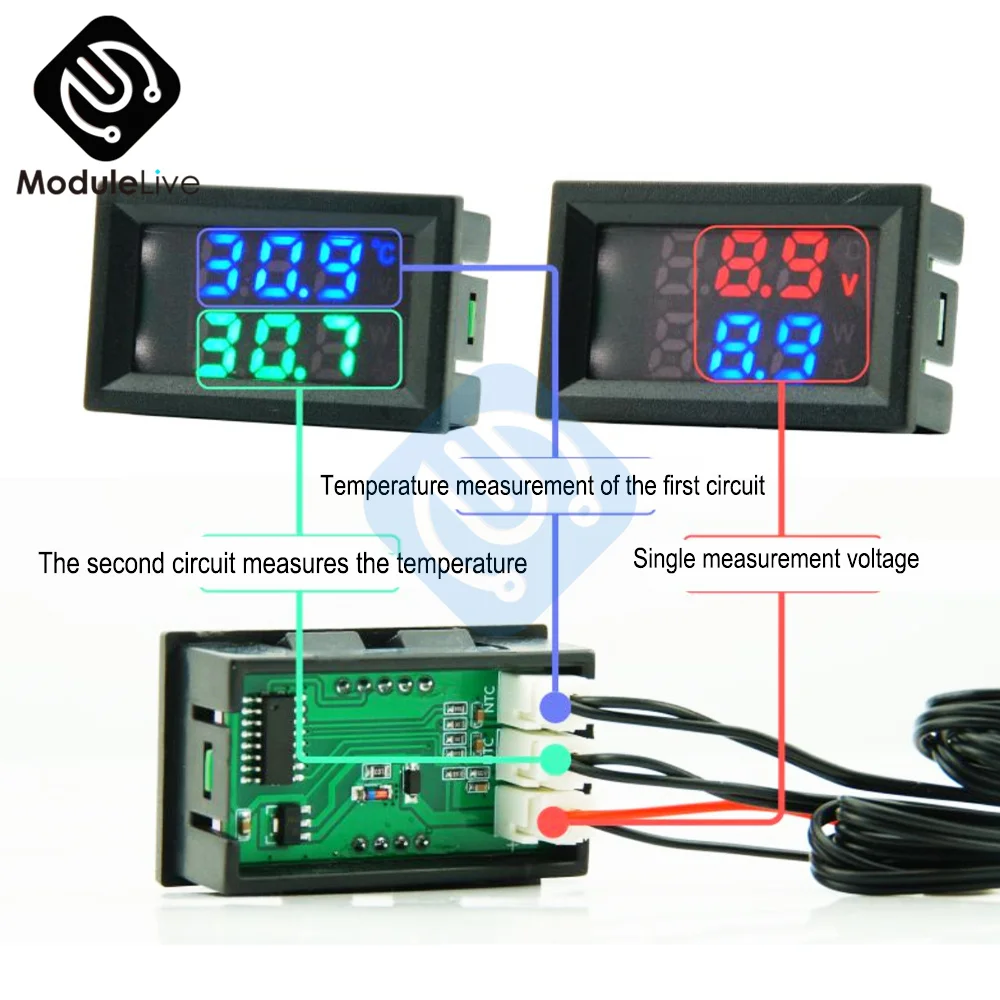 DC 4-30V Dual Display Car DC Voltmeter 12V 24V Digital Thermometer NTC 10K 3950 Probe Sensor Temperature Controller -50℃~120℃