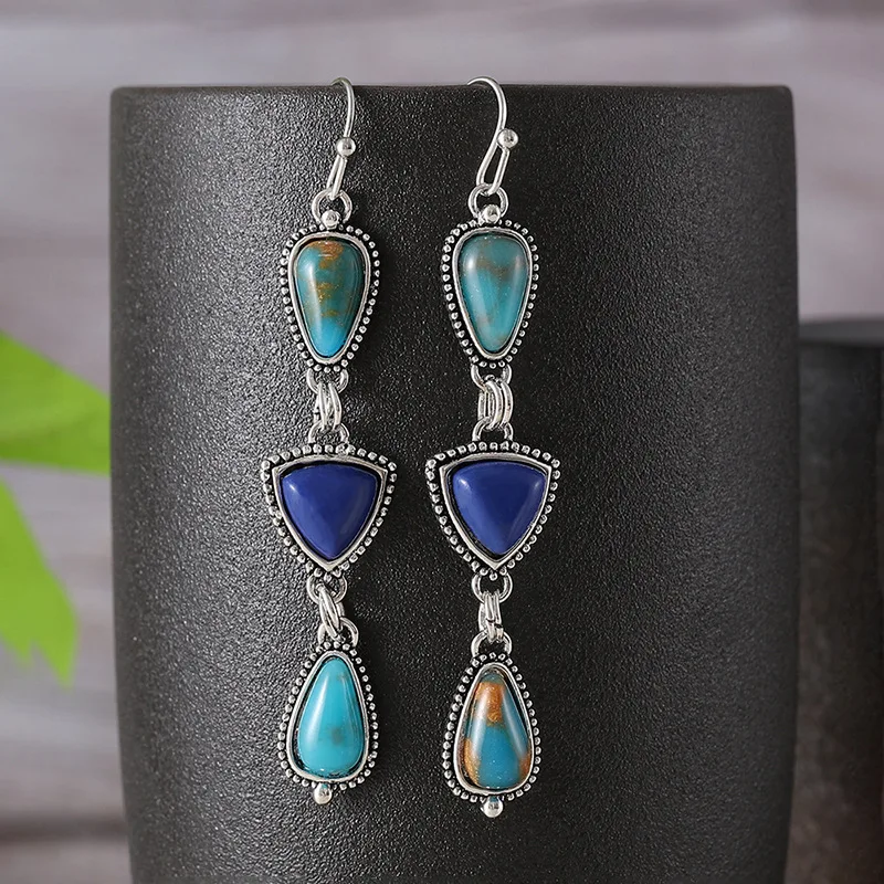 Hand gefertigte Vintage Lapis Türkis Edelstein baumeln Ohrringe, Boho-Stil Tropfen Ohrringe, Haken Anhänger Ohrring