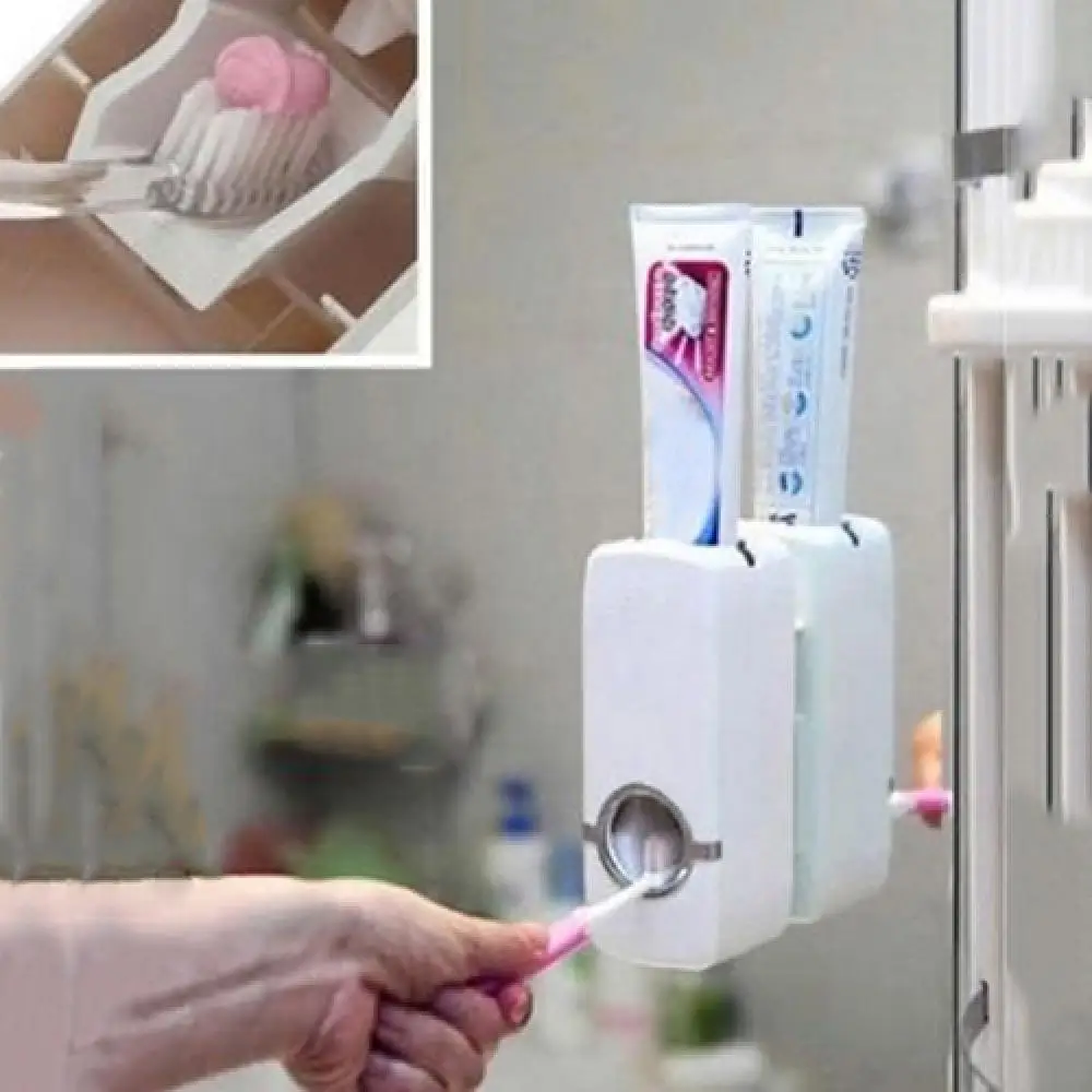 Toothbrush Stand Bathroom Wall Mount Rack Automatic Toothpaste Dispenser Brush Holder