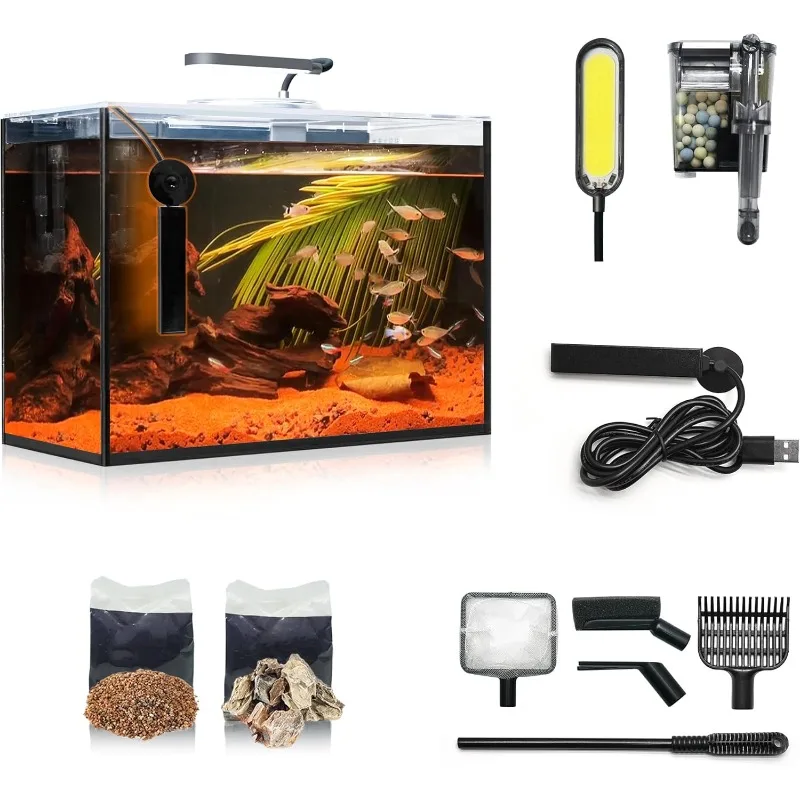 

Aquarium Betta Fish Tank Starter Kit, Heater Self Cleaning Filter Light Rocks Gravel Cleaning Tool Set, HD Float Glass Fish Bowl