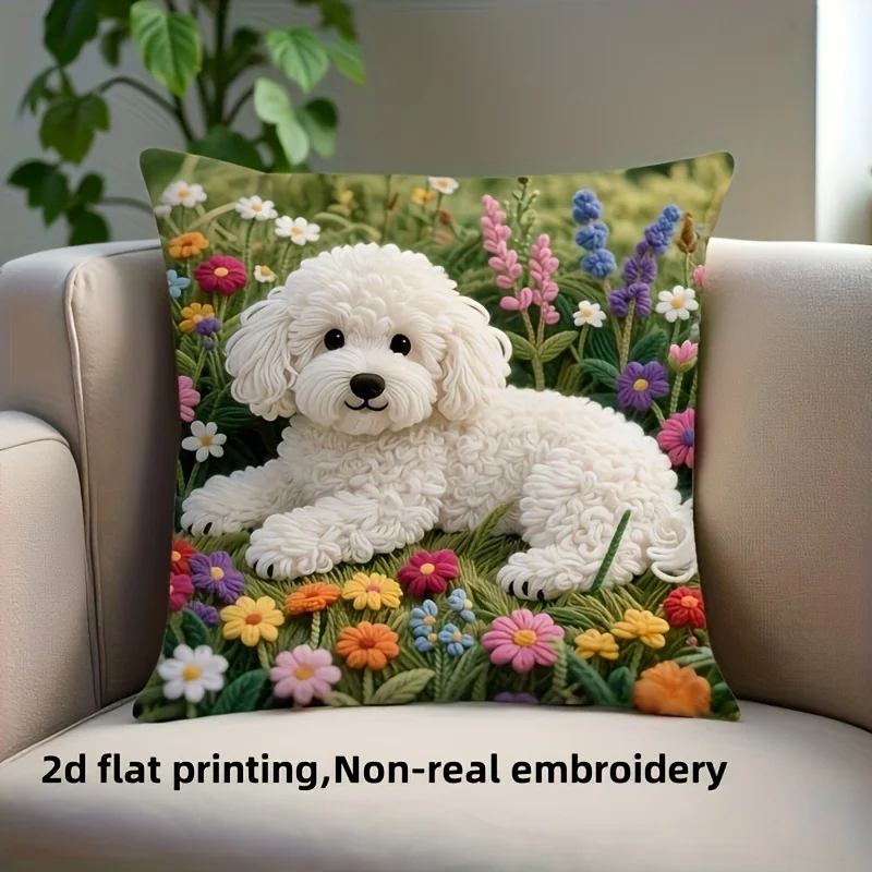 1pc Bichon Frise Flower Embroidered Style Themed Printed Throw Pillow Cover, Suitable for Sofa, Bedroom, Living Room
