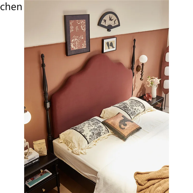 HT Vintage Style Solid Wood Bed 1.8m Double Simple Roman Column Solid Wood Upholstered High-Back Bed