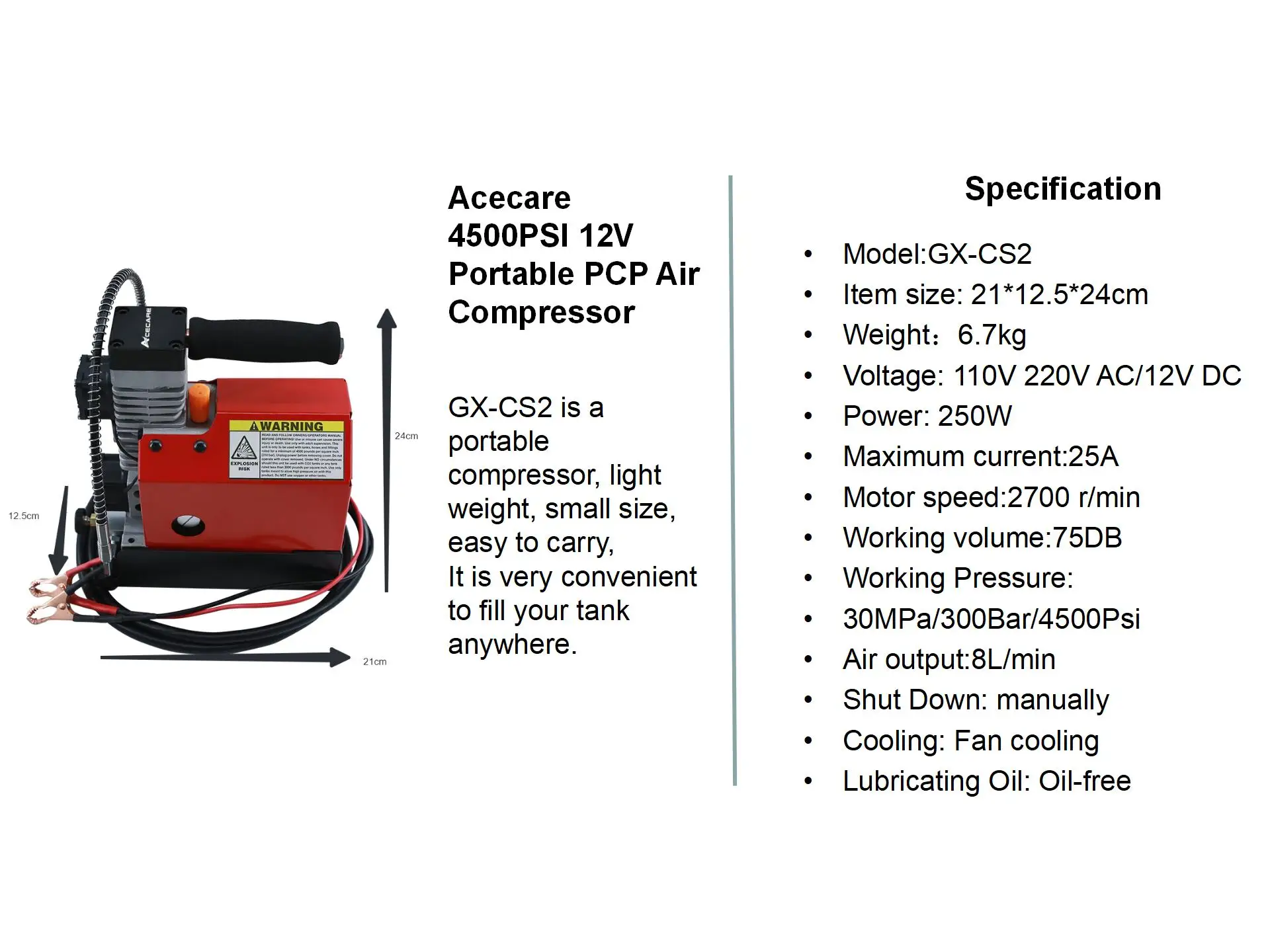 GX CS2 Portable PCP Air Compressor 4500Psi/30Mpa Oil-Free Powered by Car 12V DC or Home 110V AC with Adapter (Included)