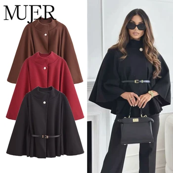 MUJER Belt Poncho Capes Women Black Cloaks Winter Coats Woman 2025 Bat Sleeve Cape Coats for Women Fashion Women's Cape Jacket