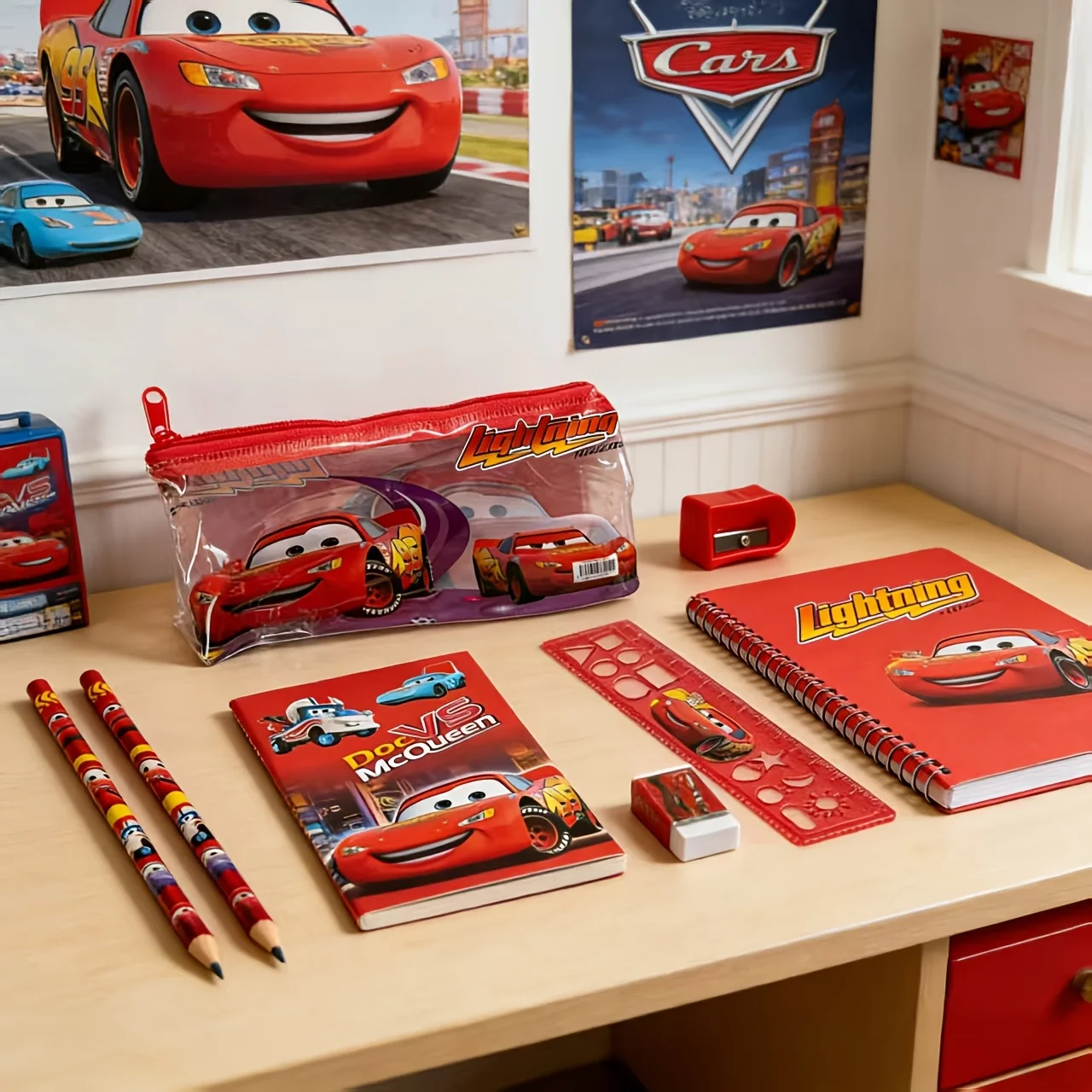 7Pcs Cars Lightning McQueen Stationery Set with Pencil Case, Notebook, Ruler, 2Pencils, Sharpener & Eraser view 3